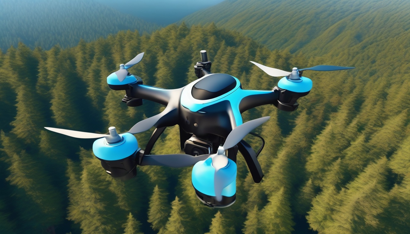 森林上空をレーザー測量する林業ドローン