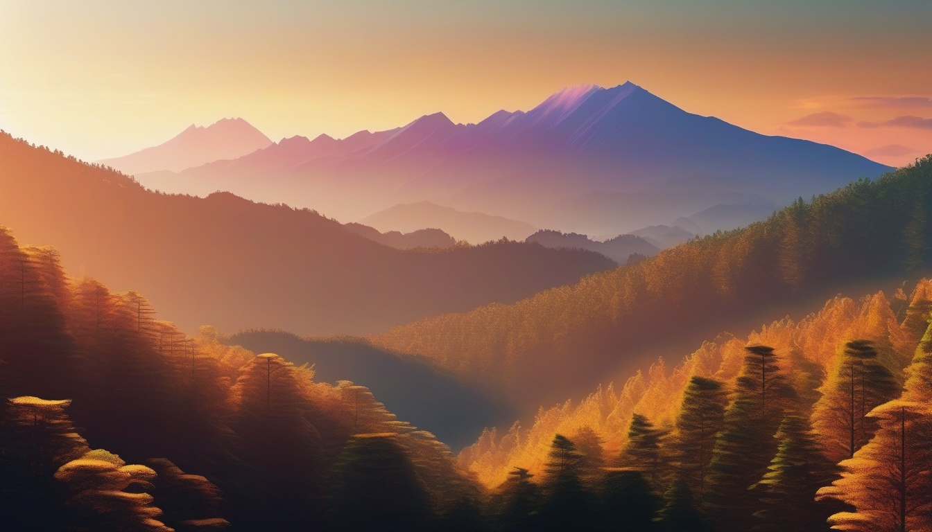 朝焼けの山並みと未来の林業を象徴する稜線の風景